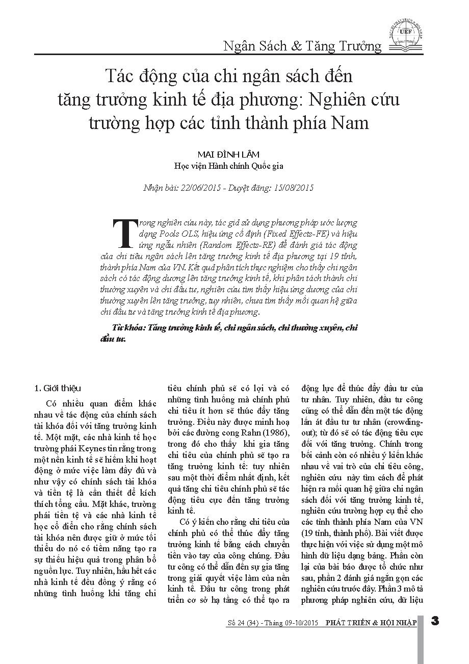 Tác động của chi ngân sách đến tăng trưởng kinh tế địa phương: Nghiên cứu trường hợp các tỉnh thành phía Nam