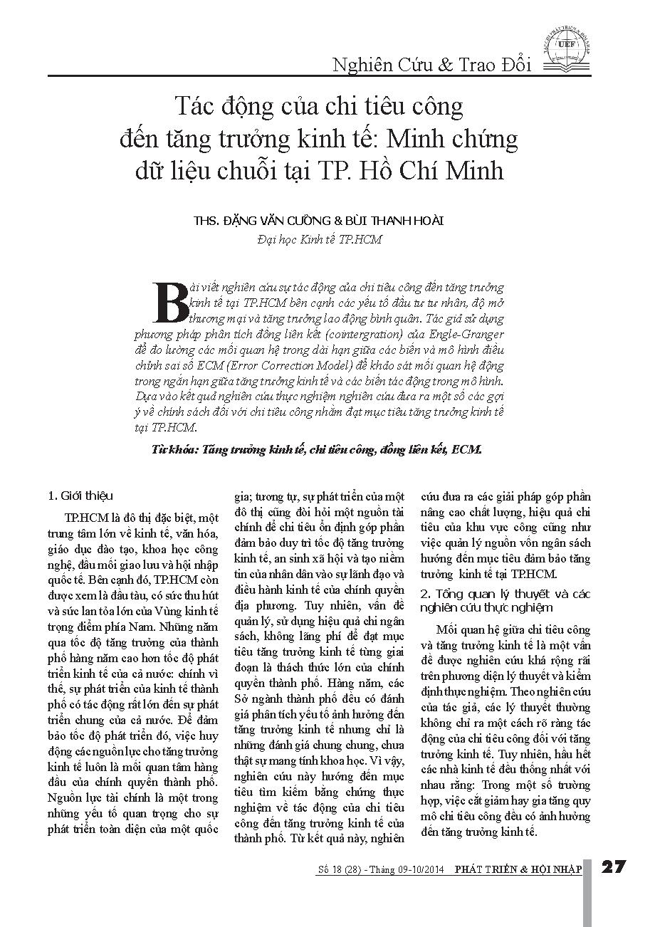 Tác động của chi tiêu công đến tăng trưởng kinh tế: Minh chứng dữ liệu chuỗi tại TP. Hồ Chí Minh