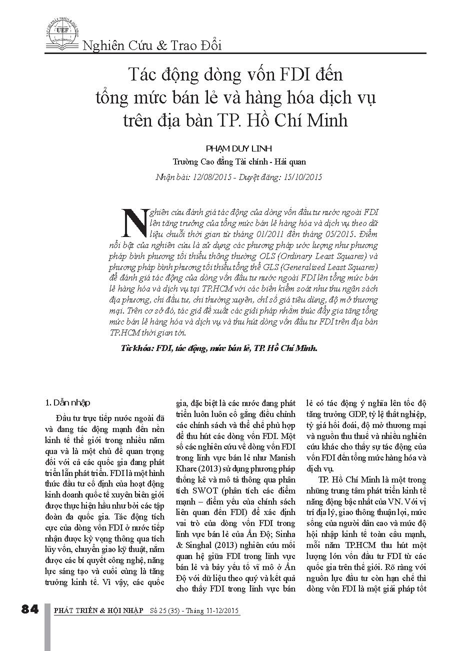 Tác động dòng vốn FDI đến tổng mức bán lẻ và hàng hóa dịch vụ trên địa bàn TP. Hồ Chí Minh