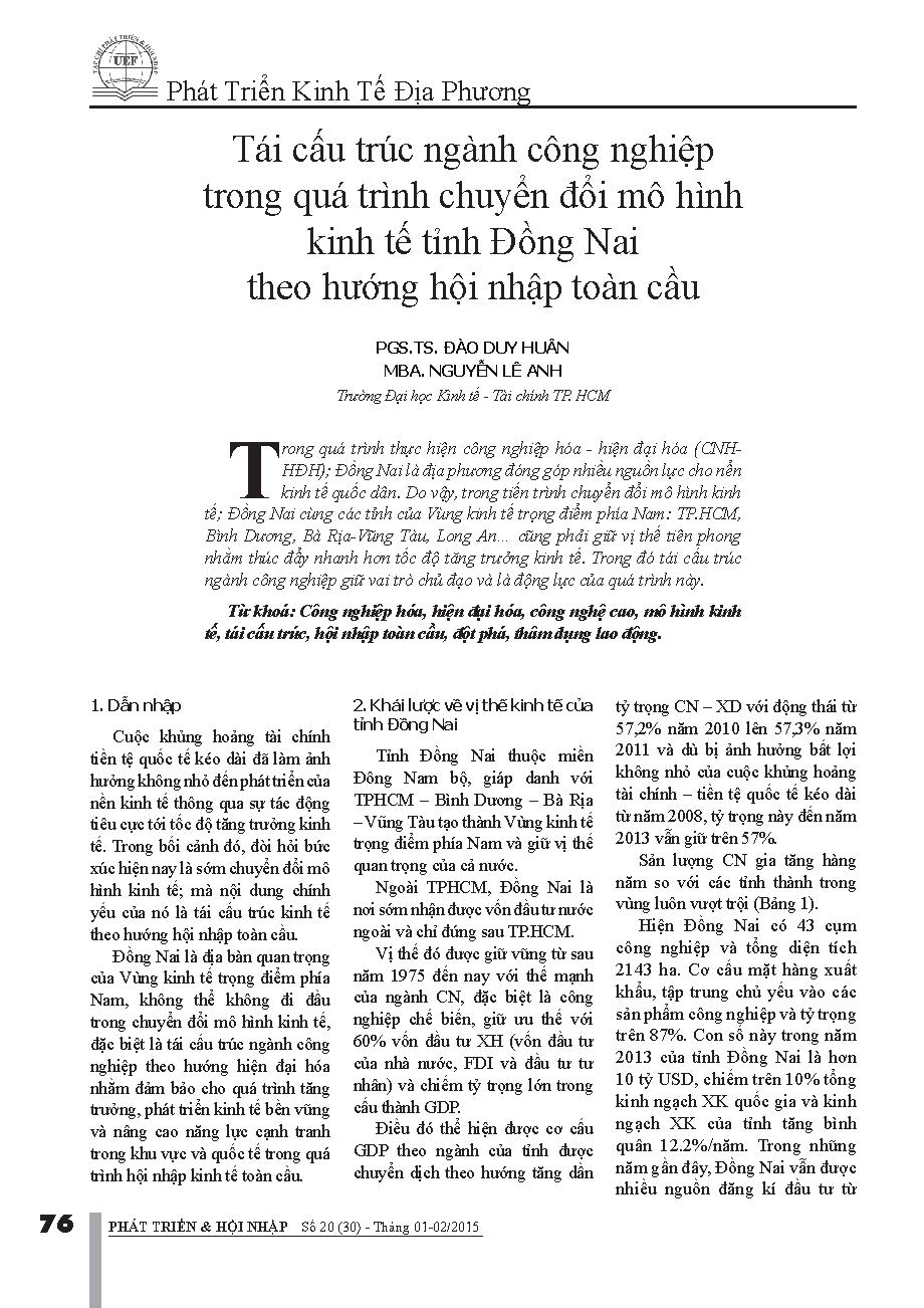 Tái cấu trúc ngành công nghiệp trong quá trình chuyển đổi mô hình kinh tế tỉnh Đồng Nai theo hướng hội nhập toàn cầu