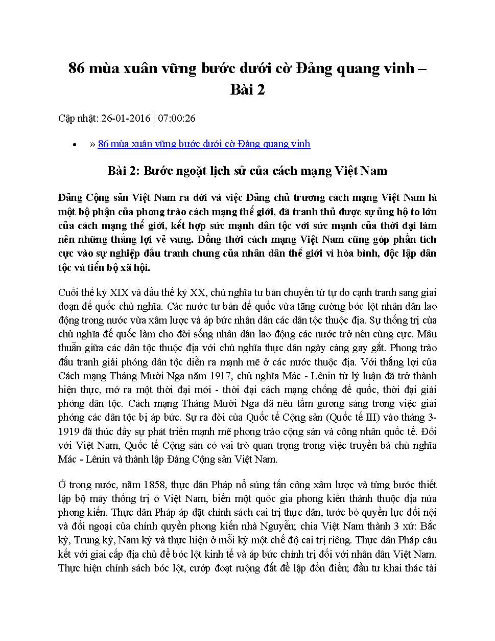 86 mùa xuân vững bước dưới cờ Đảng quang vinh.$nBài 2$pBước ngoặt lịch sử của cách mạng Việt Nam