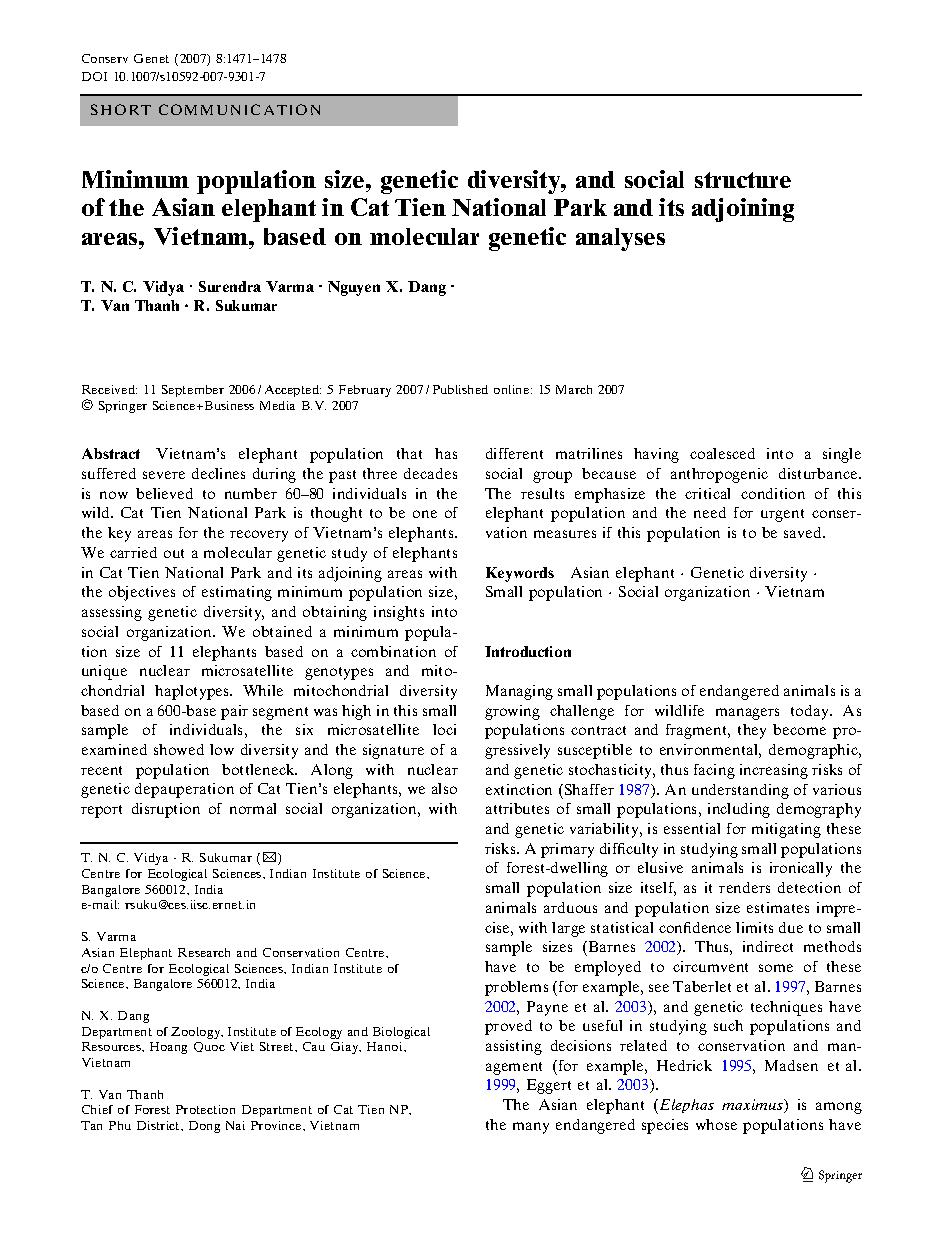 Minimum population size, genetic diversity, and social structure of the Asian elephant in Cat Tien National Park and its adjoining areas, Vietnam, based on molecular genetic analyses