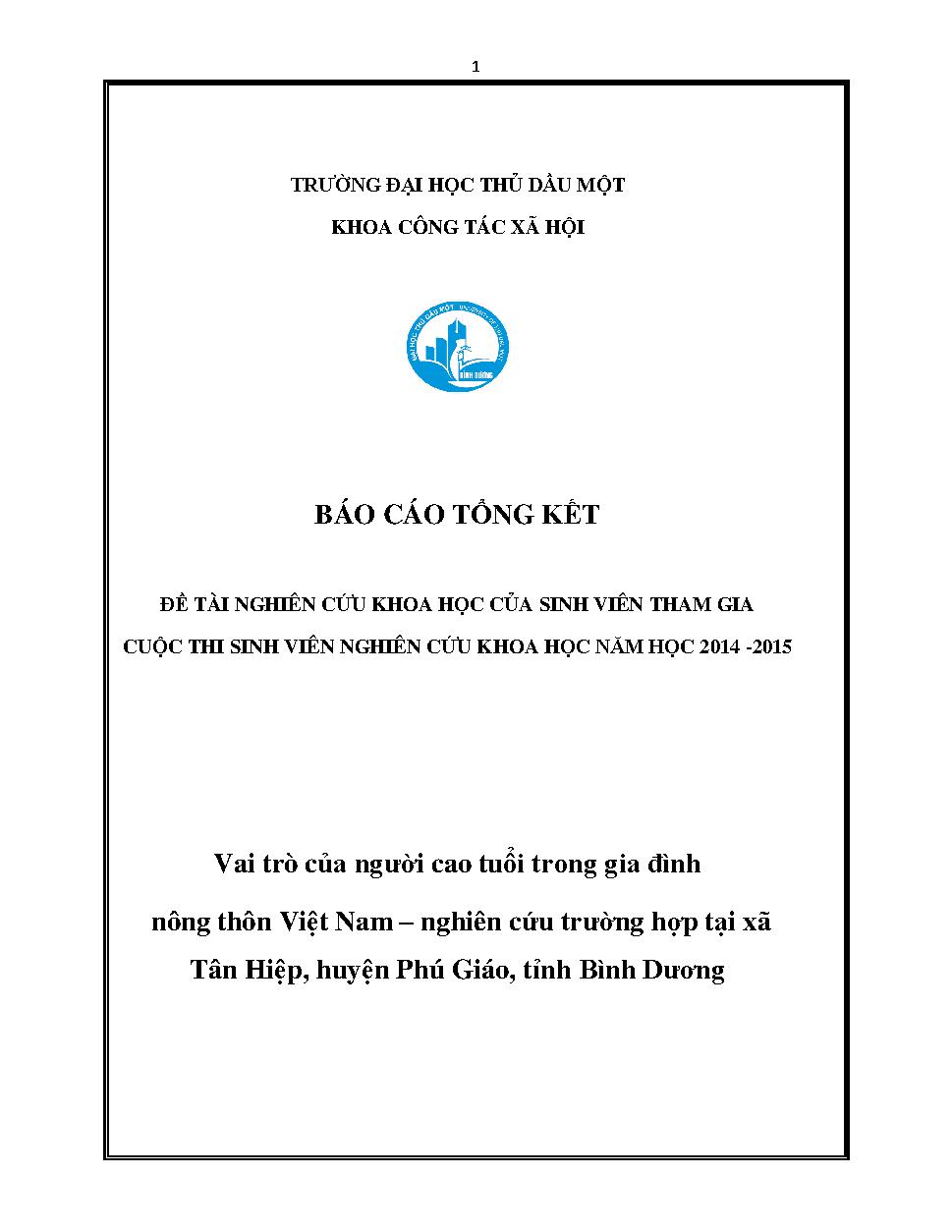 Vai trò của người cao tuổi trong gia đình nông thôn Việt Nam - Nghiên cứu trường hợp tại xã Tân Hiệp, Huyện Phú Giáo, tỉnh Bình Dương