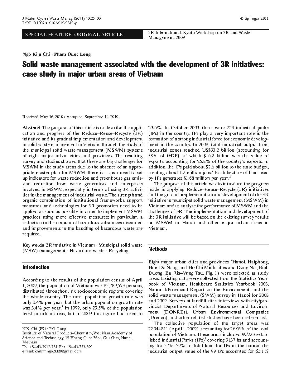 Solid waste management associated with the development of 3R initiatives: case study in major urban areas of Vietnam