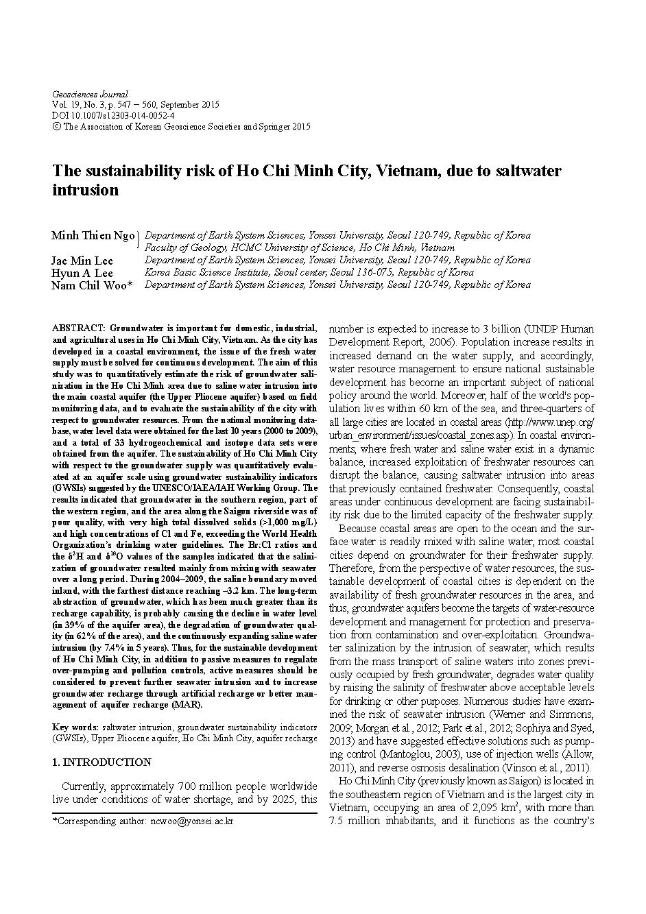 The sustainability risk of Ho Chi Minh City, Vietnam, due to saltwater intrusion