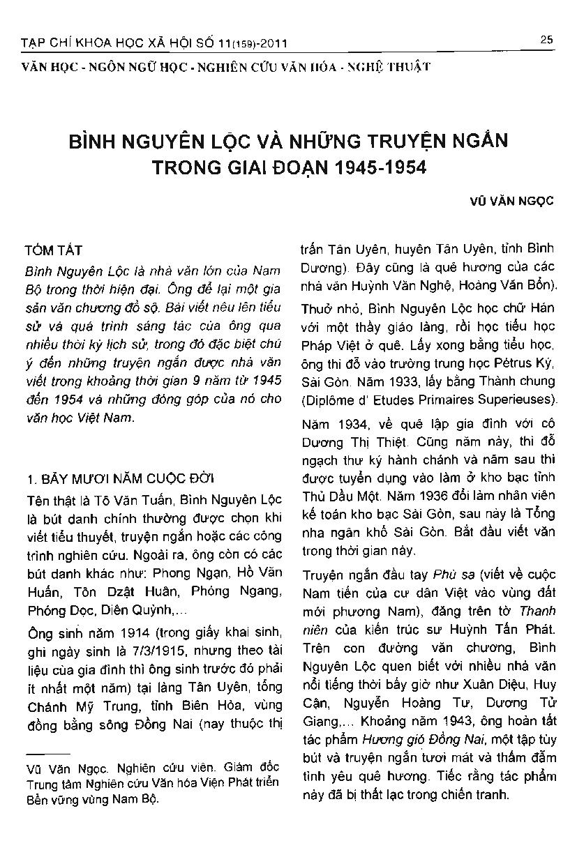 Bình Nguyên Lộc và những truyện ngắn trong giai đoạn 1945-1954