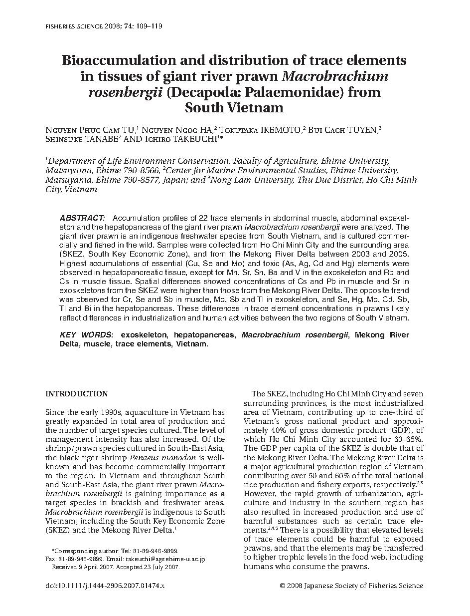 Bioaccumulation and distribution of trace elements in tissues of giant river prawn Macrobrachium rosenbergii (Decapoda: Palaemonidae) from South Vietnam