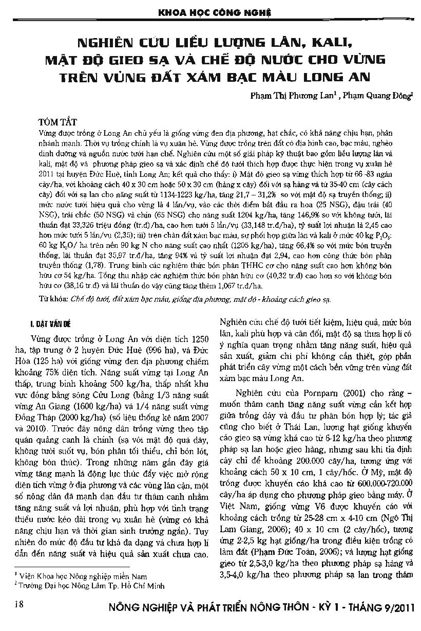 Nghiên cứu liều lượng lân, kali, mật độ gieo sạ và chế dộ nước cho vừng trên đất xám bạc màu Long An