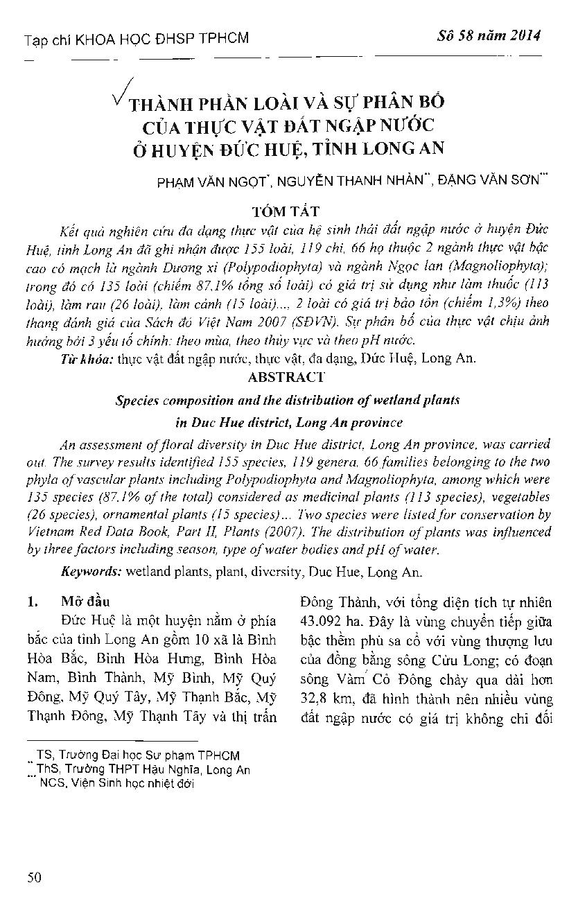 Thành phần loài và sự phân bố của thực vật đất ngập nước ở huyện Đức Huệ, tỉnh Long An