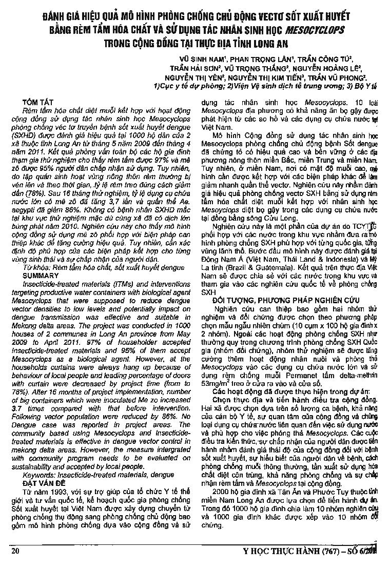 Đánh giá hiệu quả mô hình phòng chống chủ động vectơ sốt xuất huyết bằng rèm tẩm hóa chất và sử dụng tác nhân sinh học Mesocyclops trong cộng đồng tại thực địa tỉnh Long An