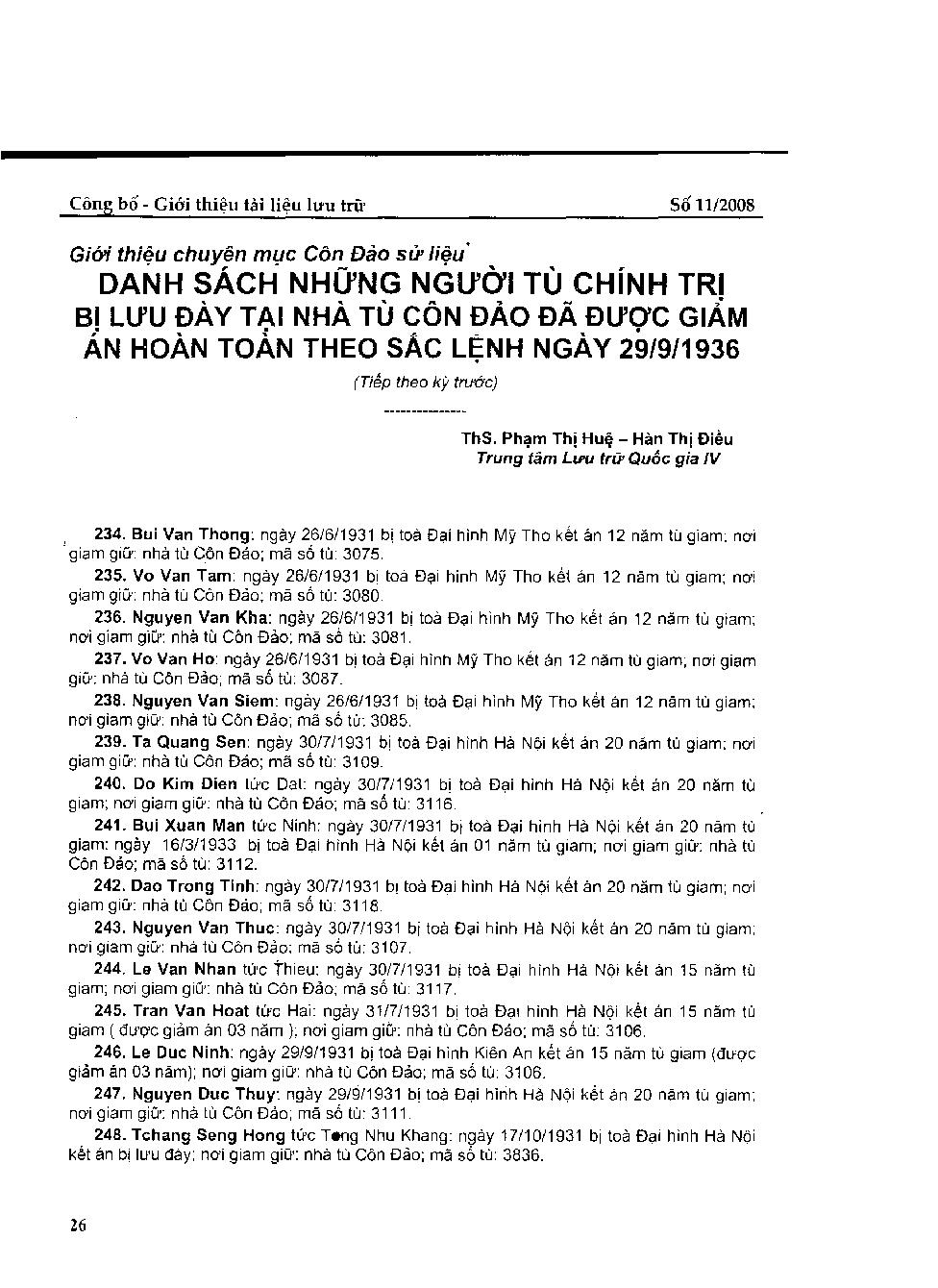 Danh sách những người tù chính trị bị lưu đày tại nhà tù Côn Đảo đã đươc giảm án hoàn toàn theo sắc lệnh ngày 29/9/1936