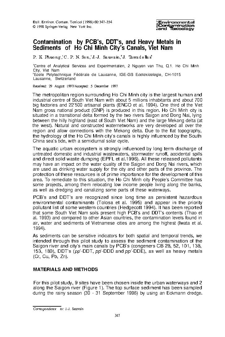 Contamination by PCBâ€™s, DDTâ€™s, and Heavy Metals in Sediments of Ho Chi Minh Cityâ€™s Canals, Viet Nam