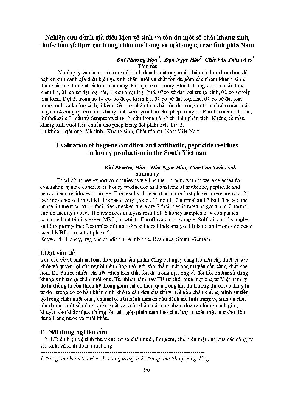 Nghiên cứu đánh giá điều kiện vệ sinh và tồn dư một số chât kháng sinh, thuốc bảo vệ thực vật trong chăn nuôi ong và mật ong tại các tỉnh phía Nam