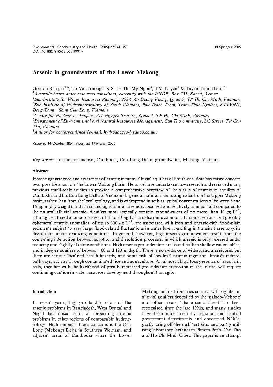 Arsenic in groundwaters of the Lower Mekong