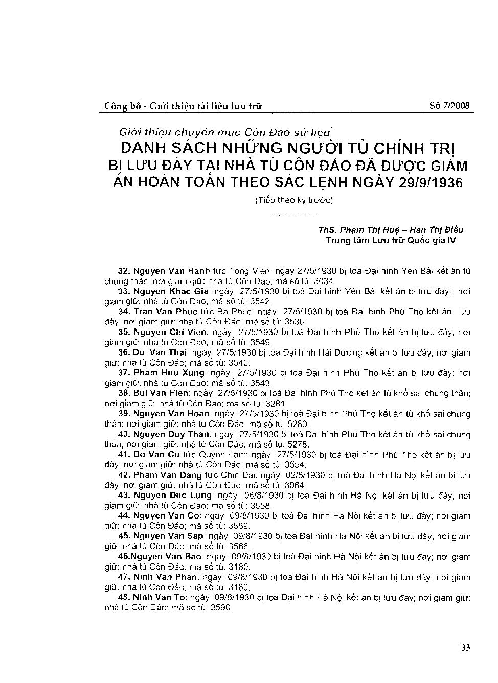 Danh sách những người tù chính trị bị lưu đày tại nhà tù Côn Đảo đã đươc giảm án hoàn toàn theo sắc lệnh ngày 29/9/1936