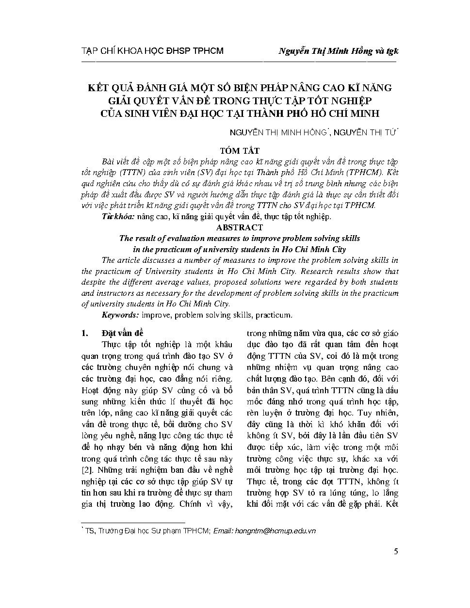 Kết quả đánh giá một số biện pháp nâng cao kĩ năng giải quyết vấn đề trong thực tập tốt nghiệp của sinh viên đại học tại Thành phố Hồ Chí Minh