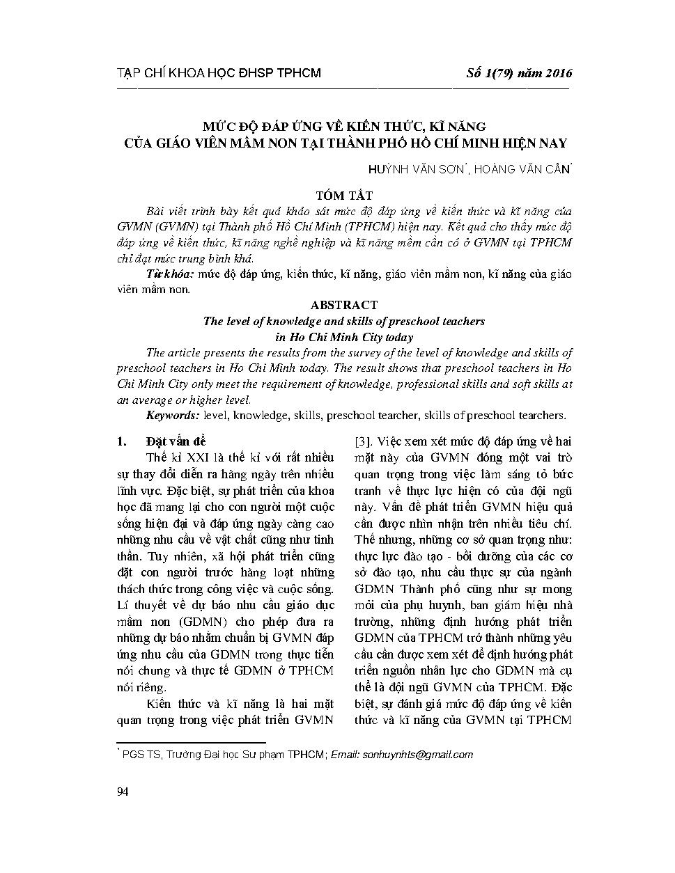 Mức độ đáp ứng về kiến thức, kĩ năng của giáo viên mầm non tại Thành phố Hồ Chí Minh hiện nay