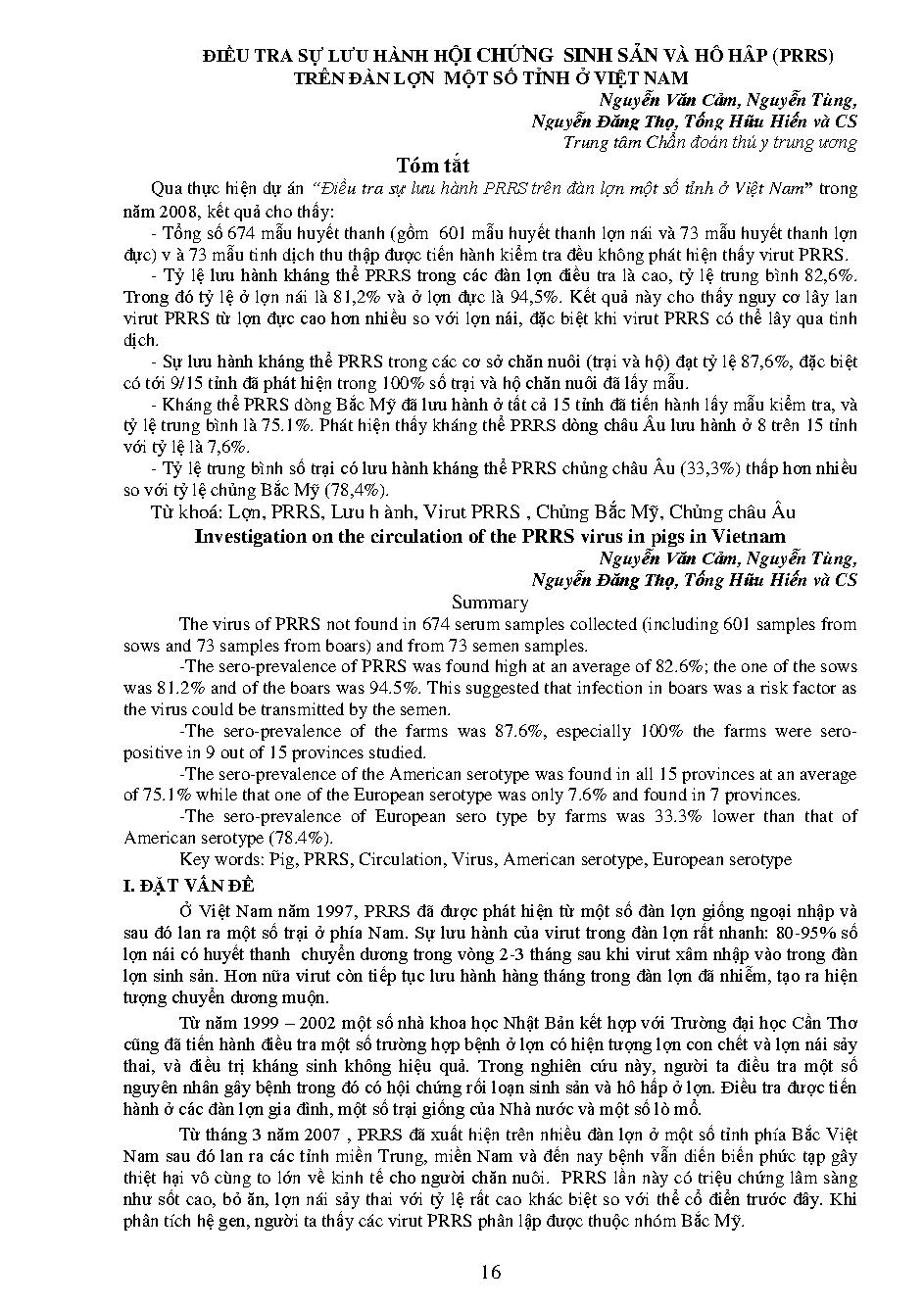 Điều tra sự lưu hành hội chứng sinh sản và hô hấp (PRRS) trên đàn lợn một số tỉnh ở Việt Nam