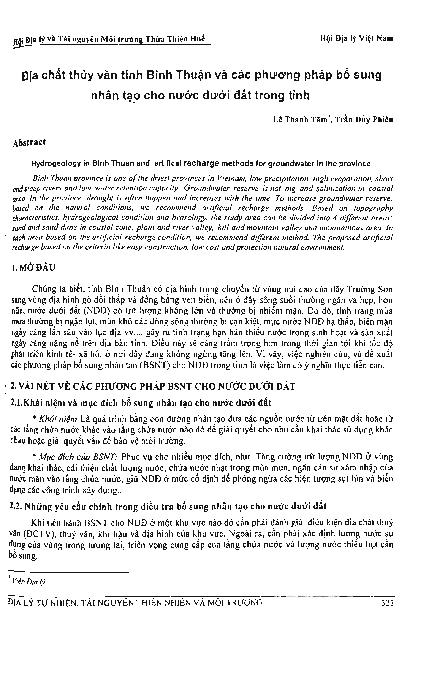 Địa chất thủy văn tỉnh Bình Thuận và các phương pháp bổ sung nhân tạo cho nước dưới đất trong tỉnh