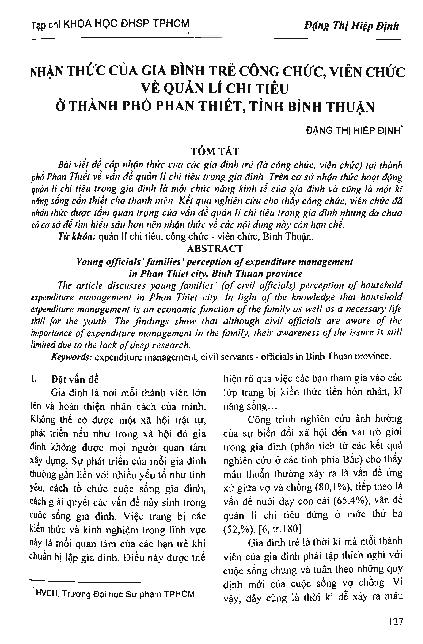 Nhận thức của gia đình trẻ công chức, viên chức về quản lí chi tiêu ở Thành phố Phan Thiết, tỉnh Bình Thuận