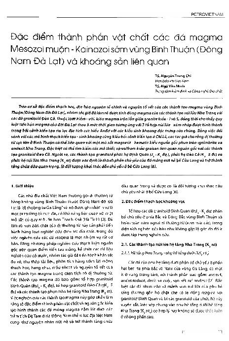 Đặc điểm thành phần vật chất các đá magma Mesozoi muộn - Kainozoi sớm vùng Bình Thuận (Đông Nam Đà Lạt) và khoáng sản liên quan