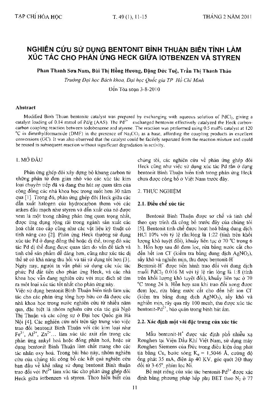 Nghiên cứu sử dụng Bentonit Bình Thuận biến tính làm xúc tác cho phản ứng Heck giữa Iotbenzen và Styren