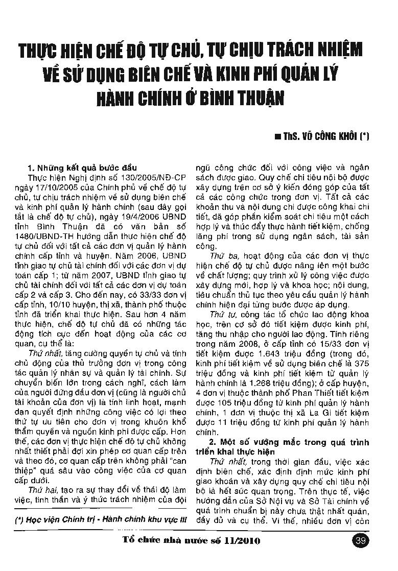 Thực hiện chế độ tự chủ, tự chịu trách nhiệm về sự dụng biên chế và kinh phí quản lý hành chính ở Bình Thuận