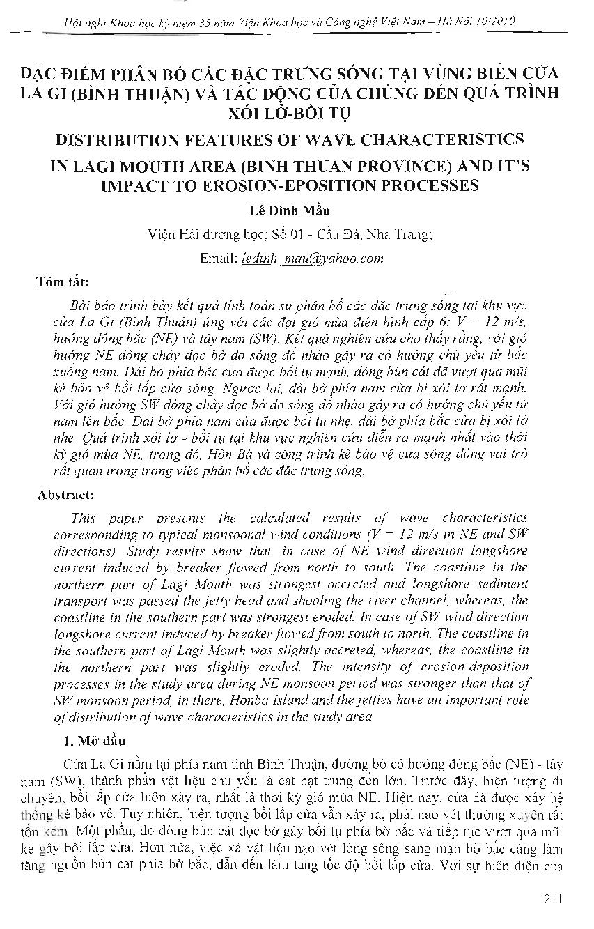 Đặc điểm phân bố các đặc trưng sóng tại vùng biển cửa La Gi (Bình Thuận) và tác động của chúng đến quá trình xói lở - bồi tụ