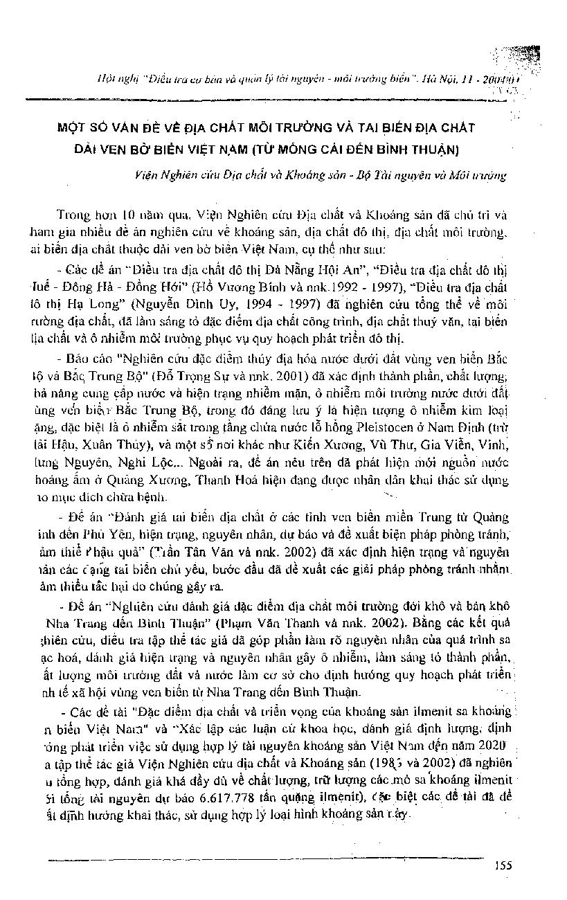Một số vấn đề về địa chất môi trường và tai biến địa chất dải ven biển Việt Nam (từ Móng Cái đến Bình Thuận)