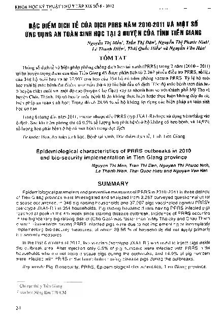Đặc điểm dịch tễ của dịch PRRS năm 2010-2011 và một số ứng dụng an toàn sinh học tại 3 huyện của tỉnh Tiền Giang