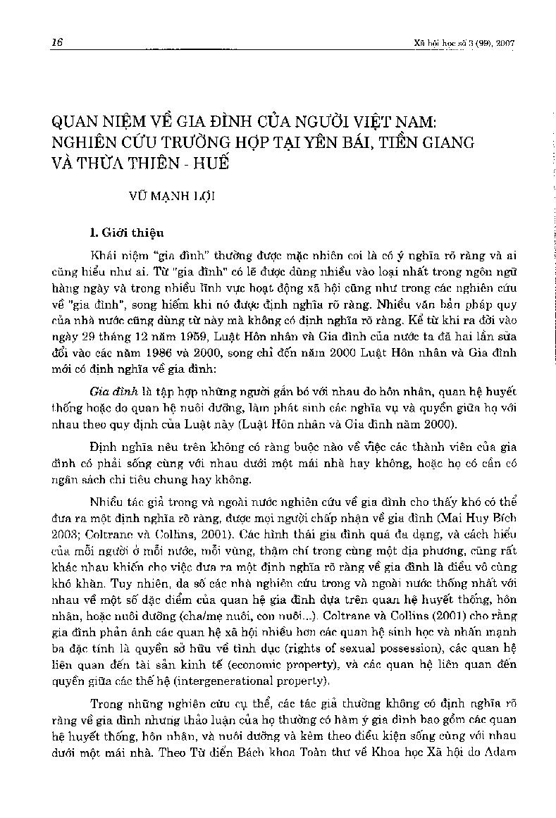 Quan niệm về gia đình của người Việt Nam: Nghiên cứu trường hợp tại Yên Bái, Tiền Giang và Thừa Thiên - Huế