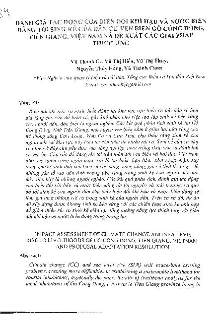 Đánh giá tác động của biến đổi khí hậu và nước biển dân tới sinh kế của dân cư ven biển Gò Công Đông, Tiền Giang, Việt Nam và đề xuất các giải pháp thích ứng