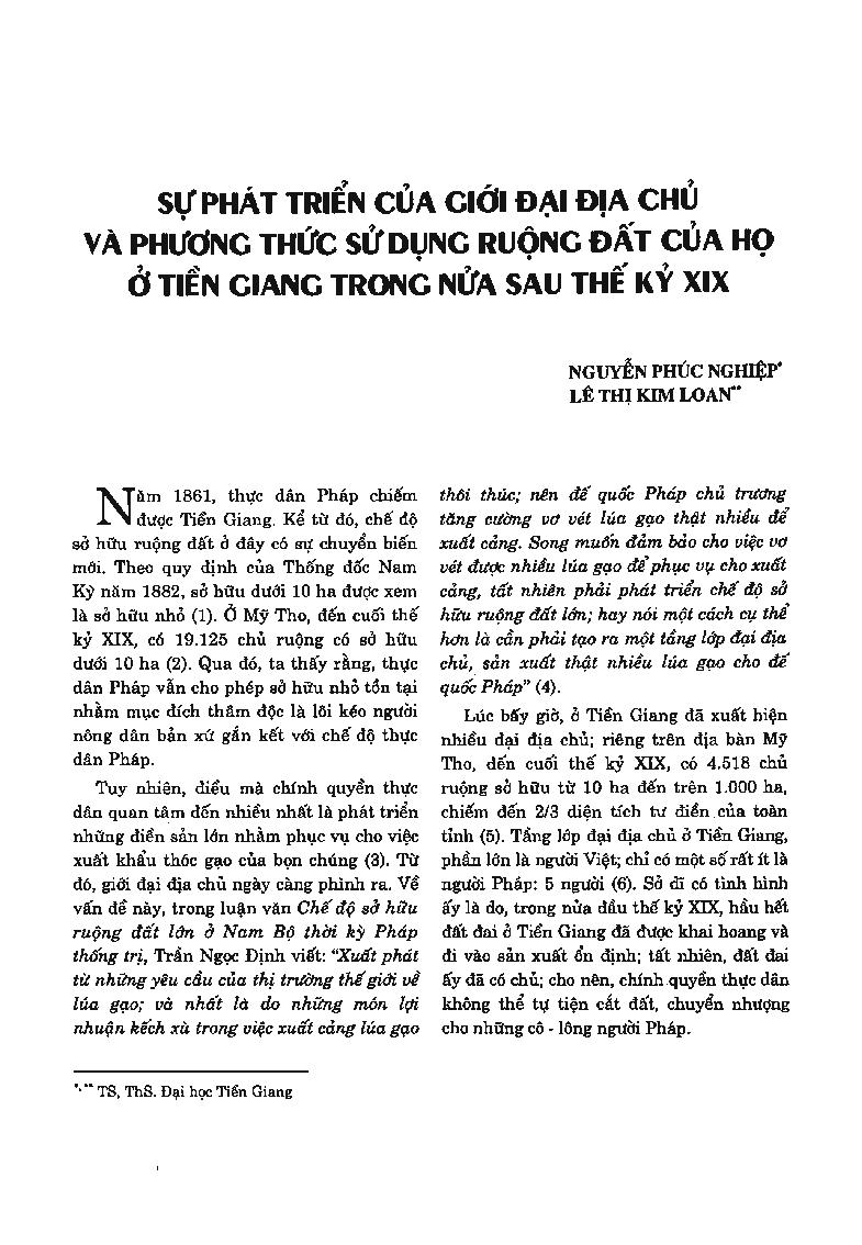 Sự phát triển của giới đại địa chủ và phương thức sử dụng ruộng đất của họ ở Tiền Giang trong nửa sau thế kỷ XIX