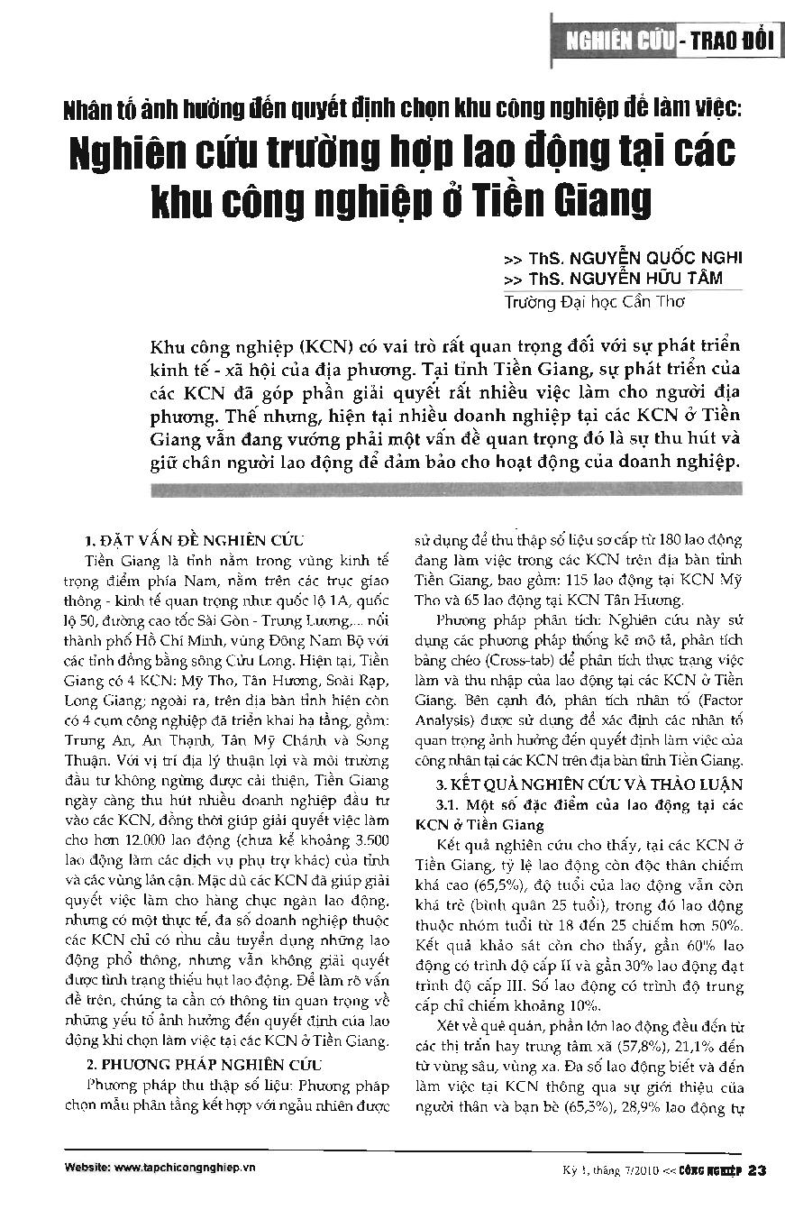 Nhân tố ảnh hưởng đến quyết định chọn khu công nghiệp để làm việc: Nghiên cứu trường hợp lao động tại các khu công nghiệp ở Tiền Giang