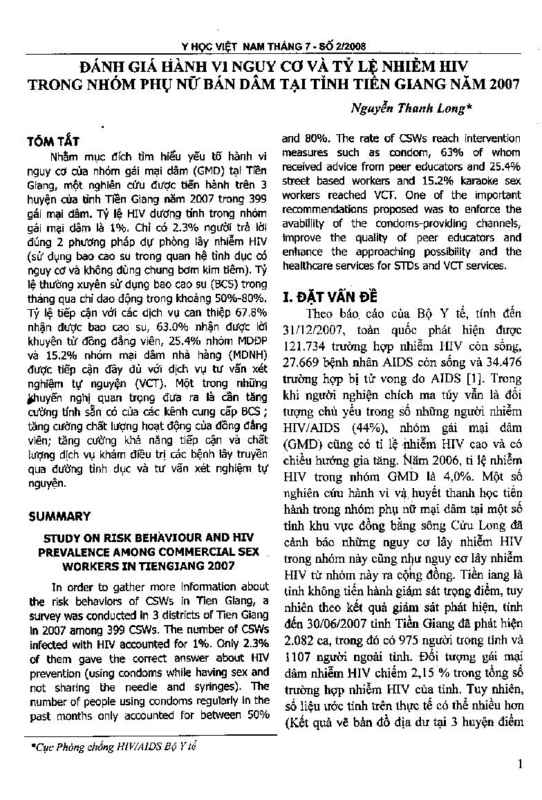 Đánh giá hành vi nguy cơ và tỷ lệ nhiễm HIV trong nhóm phụ nữ bán dâm tại tỉnh Tiền Giang năm 2007