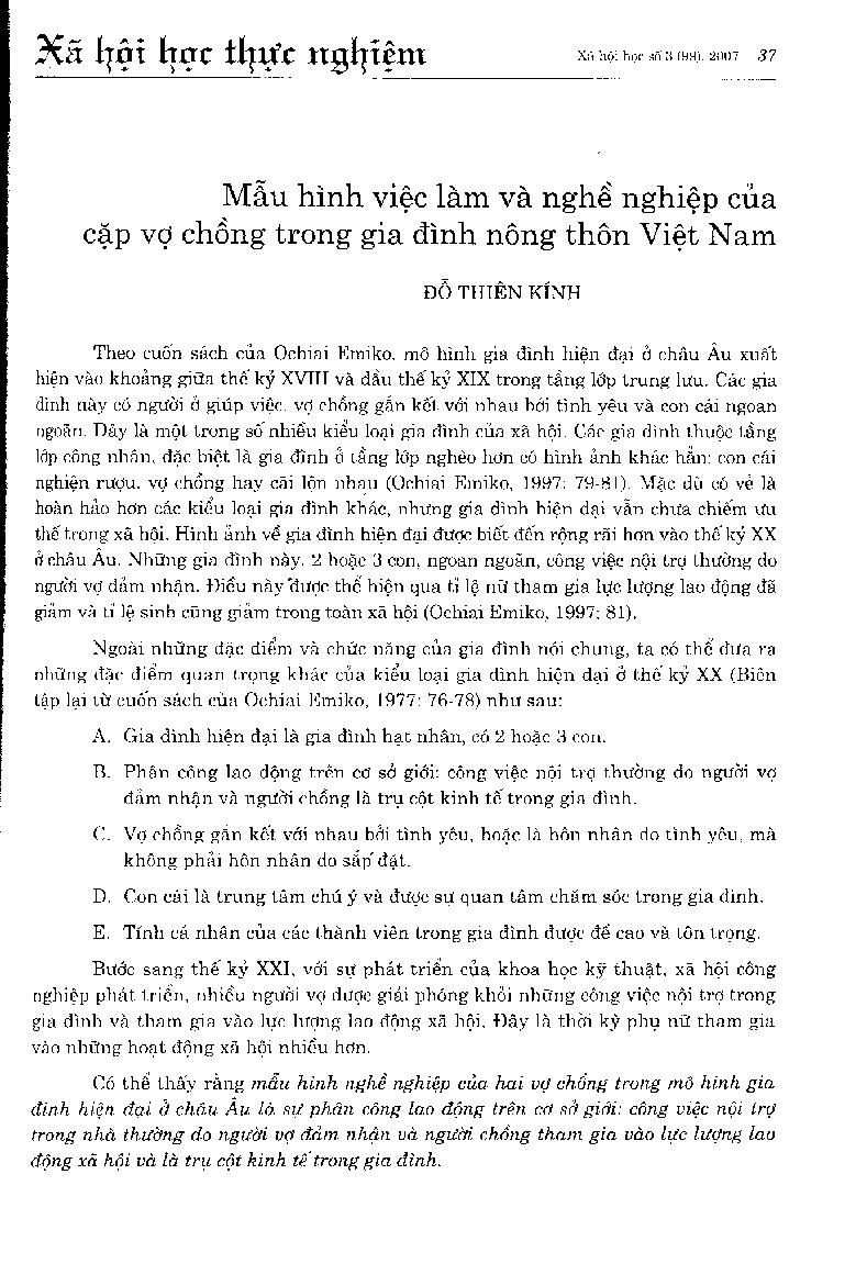 Mẫu hình việc làm và nghề nghiệp của cặp vợ chồng trong gia đình nông thôn Việt Nam