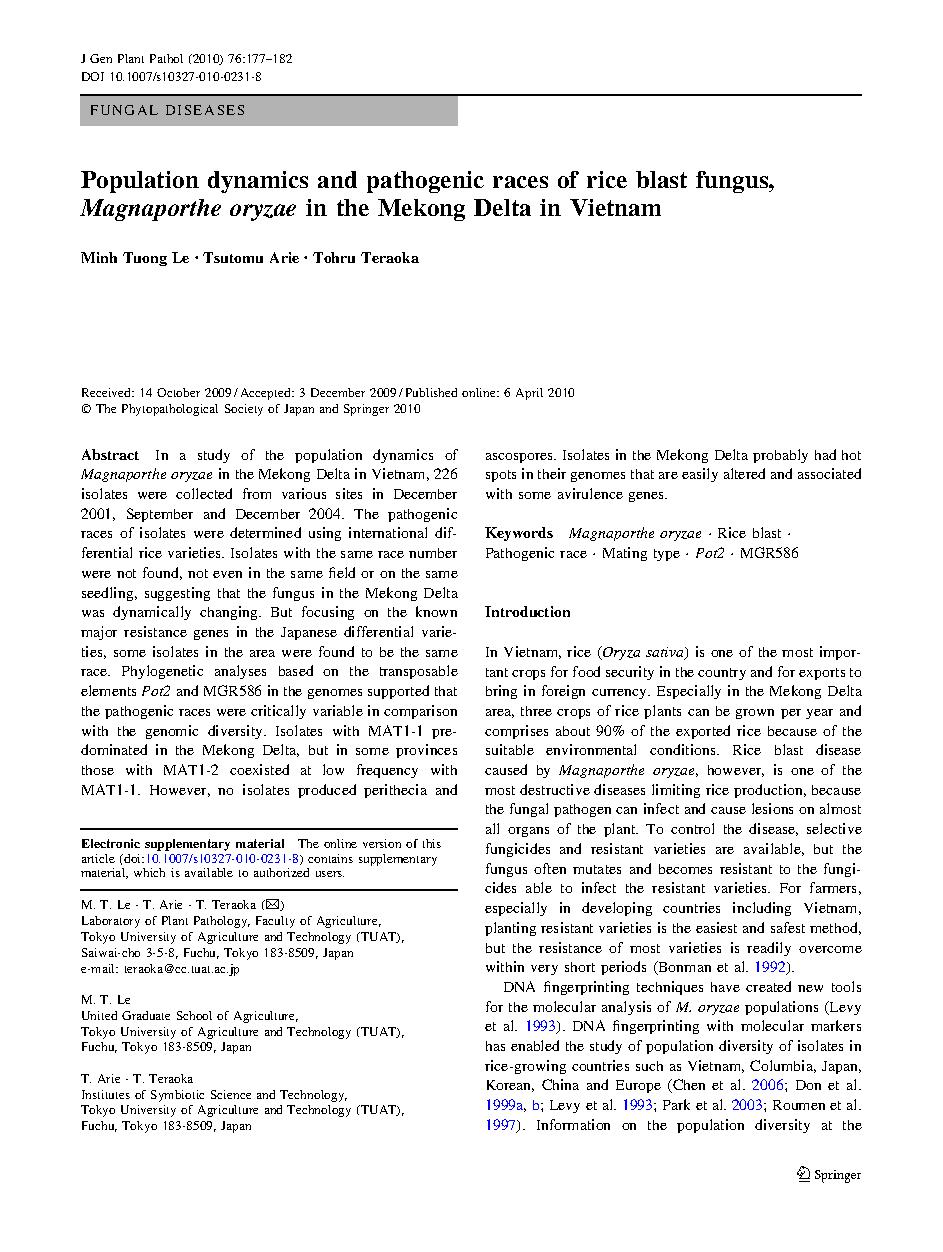 Population dynamics and pathogenic races of rice blast fungus, Magnaporthe oryzae in the Mekong Delta in Vietnam