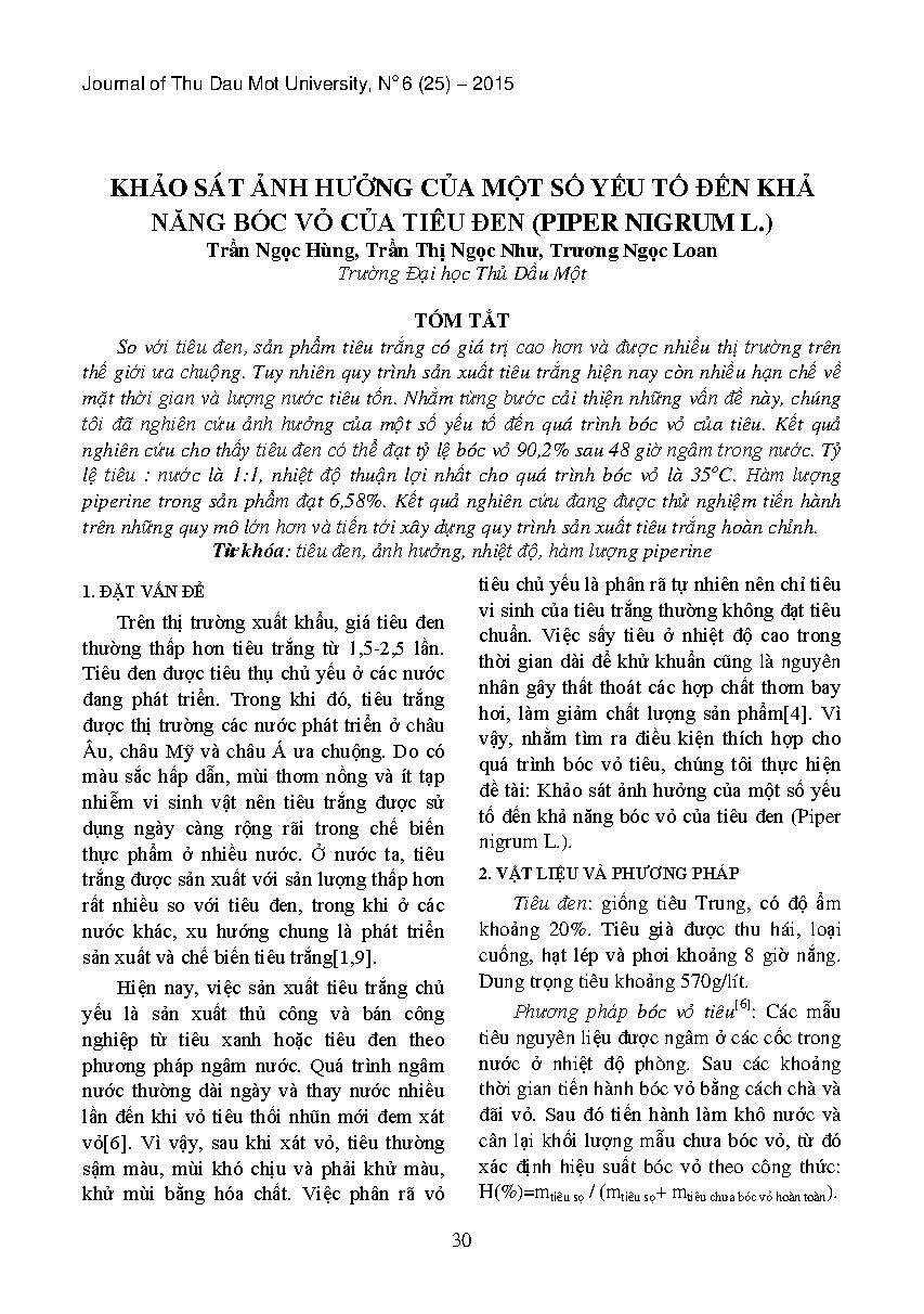 Khảo sát ảnh hưởng của một số yếu tố đến khả năng baocs vỏ của tiêu đen :$bPiper nigruml