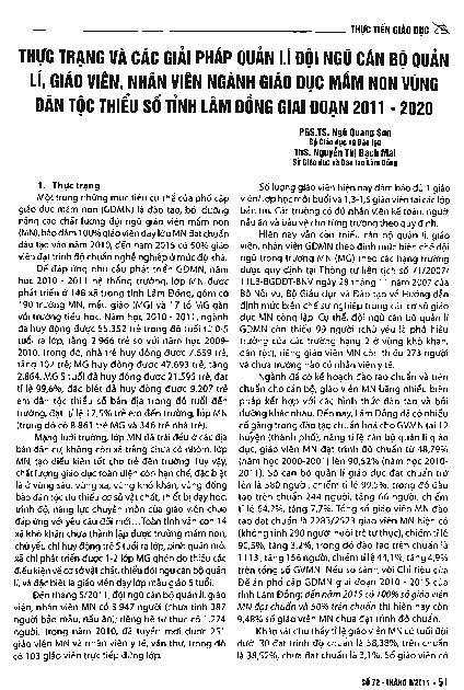 Thực trạng và các giải pháp quản lí đội ngũ cán bộ quản lí, giáo viên, nhân viên ngành giáo dục mầm non vùng dân tộc thiểu số tỉnh Lâm Đồng giai đoạn 2011-2020