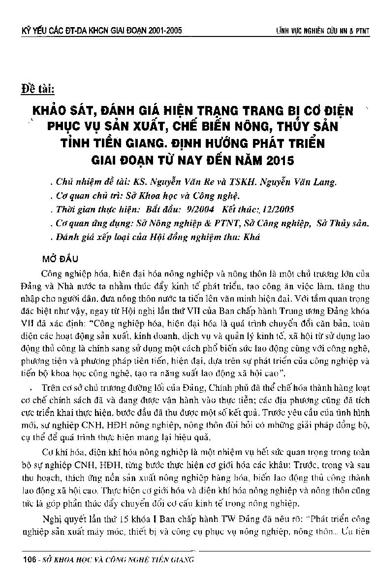 Khảo sát, đánh giá hiện trạng trang bị cơ điện phục vụ sản xuất, chế biến nông - thuỷ sản tỉnh Tiền Giang. Định hướng phát triển giai đoạn từ nay đến năm 2015