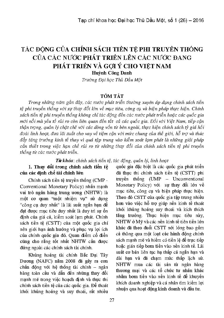 Tác động của chính sách tiền tệ phi truyền thống của các nước phát triển lên các nước đang phát triển và gợi ý cho Việt Nam