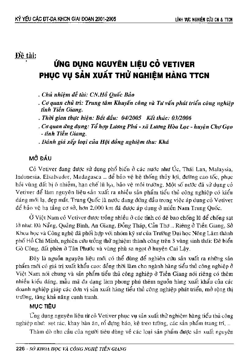 Ứng dụng nguyên liệu cỏ Vetiver phục vụ sản xuất thử nghiệm hàng tiểu thủ công nghiệp