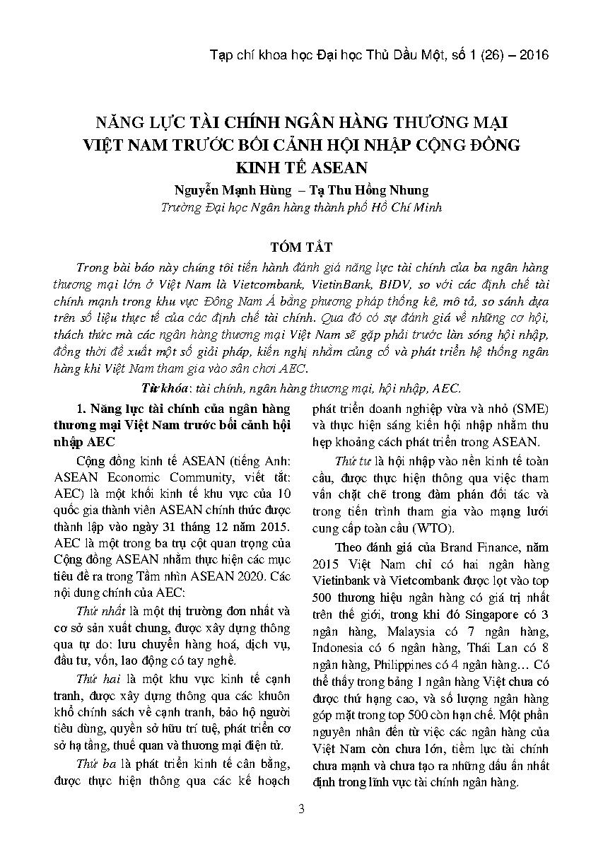 Năng lực tài chính ngân hàng thương mại Việt Nam trước bối cảnh hội nhập cộng đồng kinh tế ASEAN