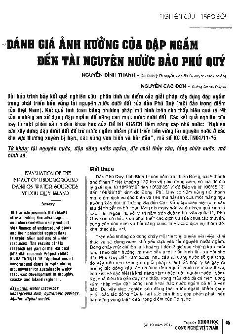 Đánh giá ảnh hưởng của đập ngầm đến tài nguyên nước đảo Phú Quý