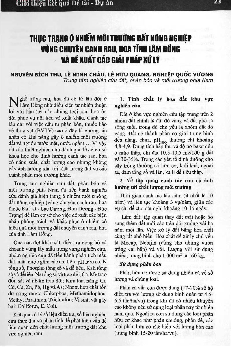 Thực trạng ô nhiễm môi trường đất nông nghiệp vùng chuyên canh rau, hoa tỉnh Lâm Đồng và đề xuất các giải pháp xử lý