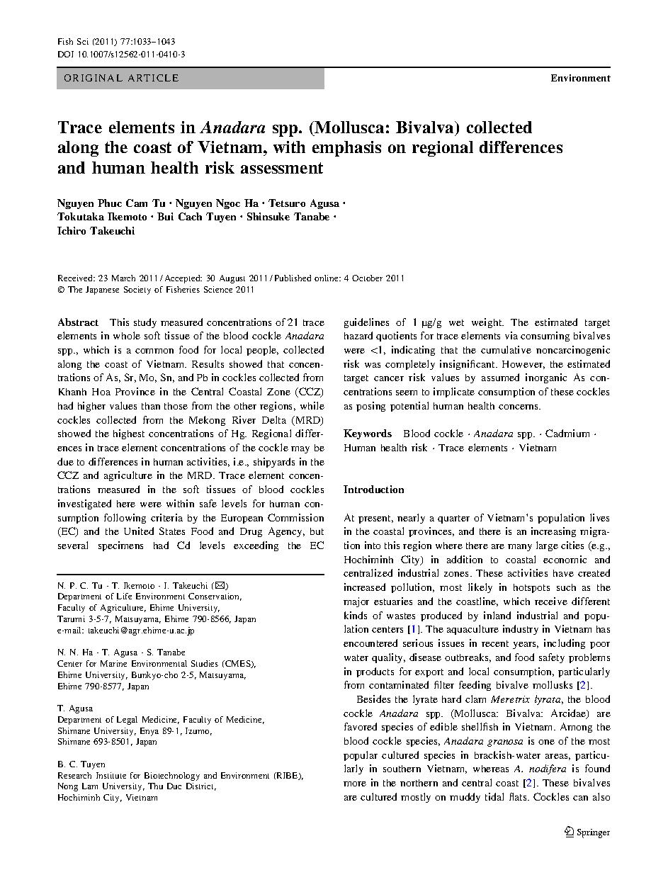 Trace elements in Anadara spp. (Mollusca: Bivalva) collected along the coast of Vietnam, with emphasis on regional differences and human health risk assessment	Nguyen, Phuc Cam Tu	Môi trường#Blood cockle#Anadara spp#Cadmium#Human health riskTrace elements