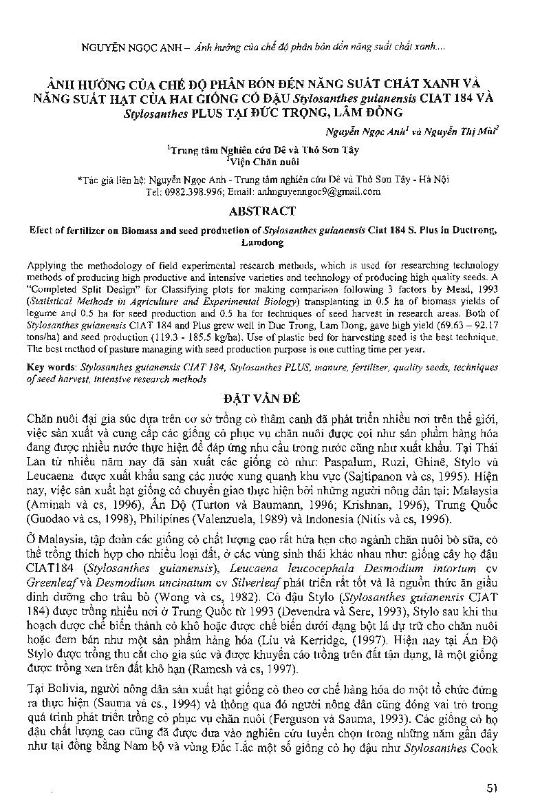 Ảnh hưởng của chế độ phân bón đến năng suất chất xanh và năng suất hạt của hai giống cỏ đậu Stylosanthes guianensis CIAT 184 và Stylosanthes Plus tại Đức Trọng, Lâm Đồng