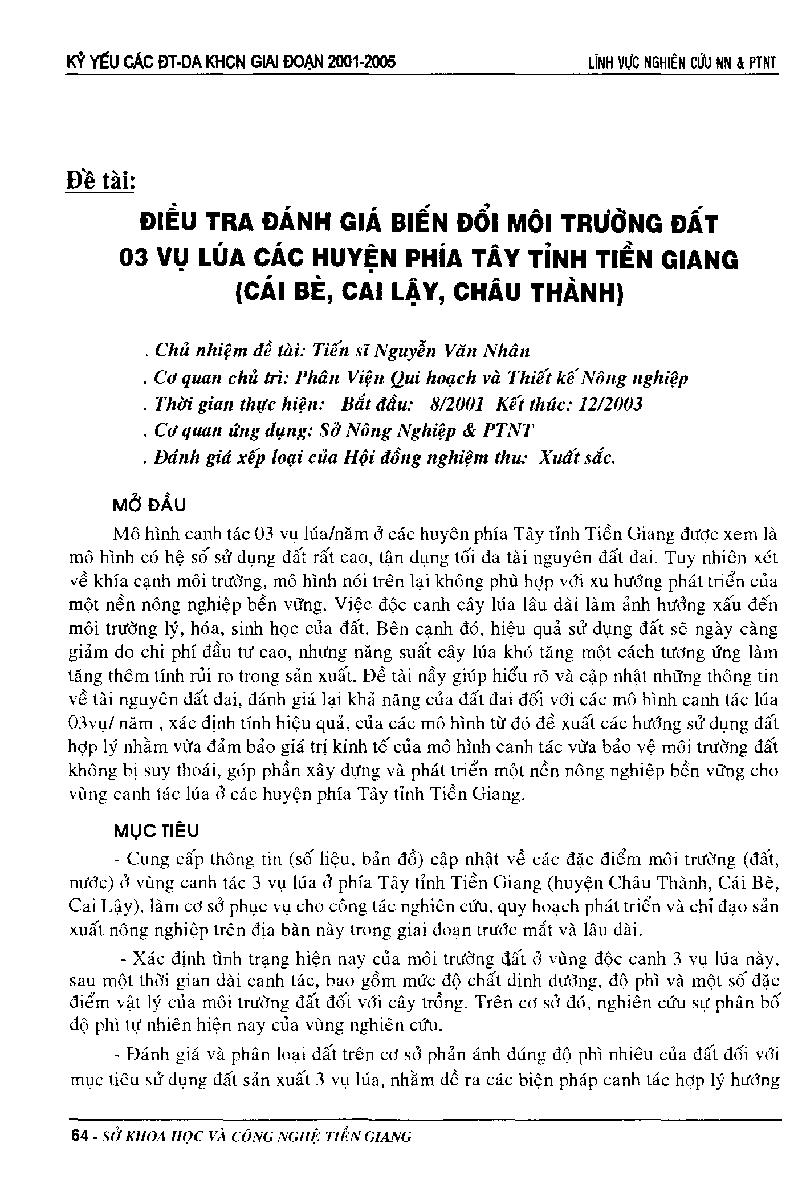 Điều tra đánh giá biến đổi môi trường đất 03 vụ lúa các huyện phía Tây tỉnh Tiền Giang (Cái Bè, Cai Lây, Châu Thành)