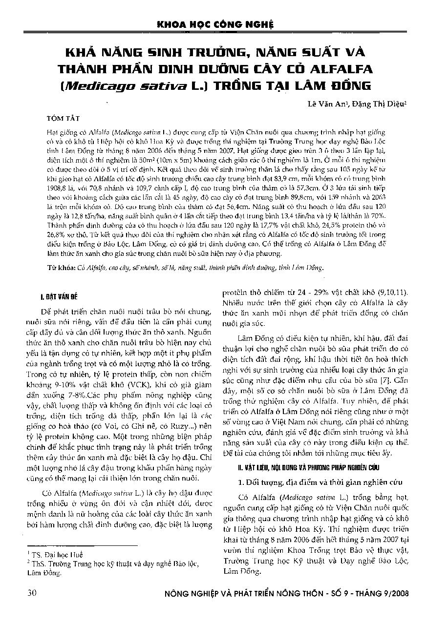 Khả năng sinh trưởng, năng suất và thành phần dinh dưỡng cây cỏ Alfalfa (Medicago sativa L.) trồng tại Lâm Đồng