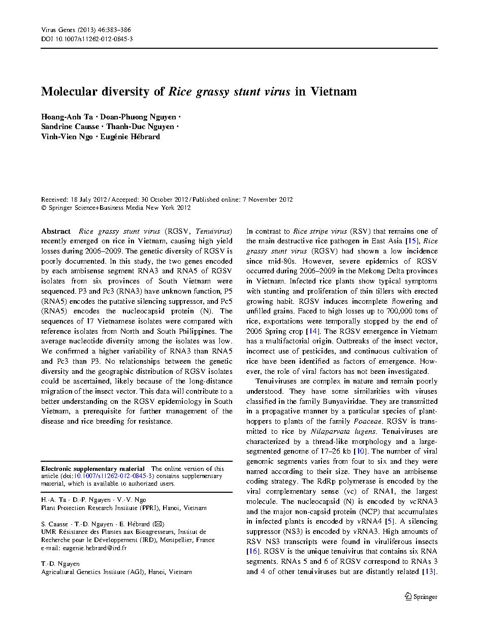 Molecular diversity of Rice grassy stunt virus in Vietnam